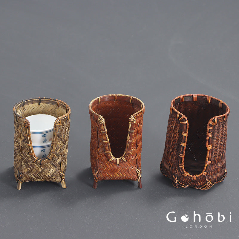 Gohobi Bamboo Woven Tea Cup Holder Basket – Zen Style Tea Cup Storage Tube & Chopstick Basket