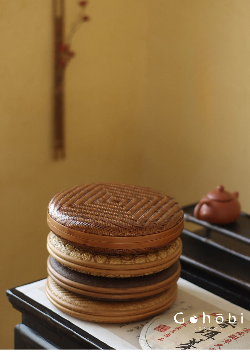 Gohobi Handmade Bamboo Woven Pu'er Tea Box – Retro Chinese Tea Cake Storage Box for Qizi Cake Collection