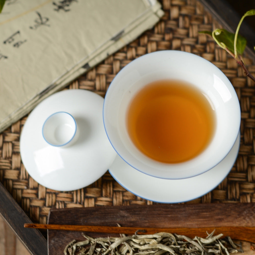 Gaiwan en céramique classique fait main Gohobi à bord bleu et blanc