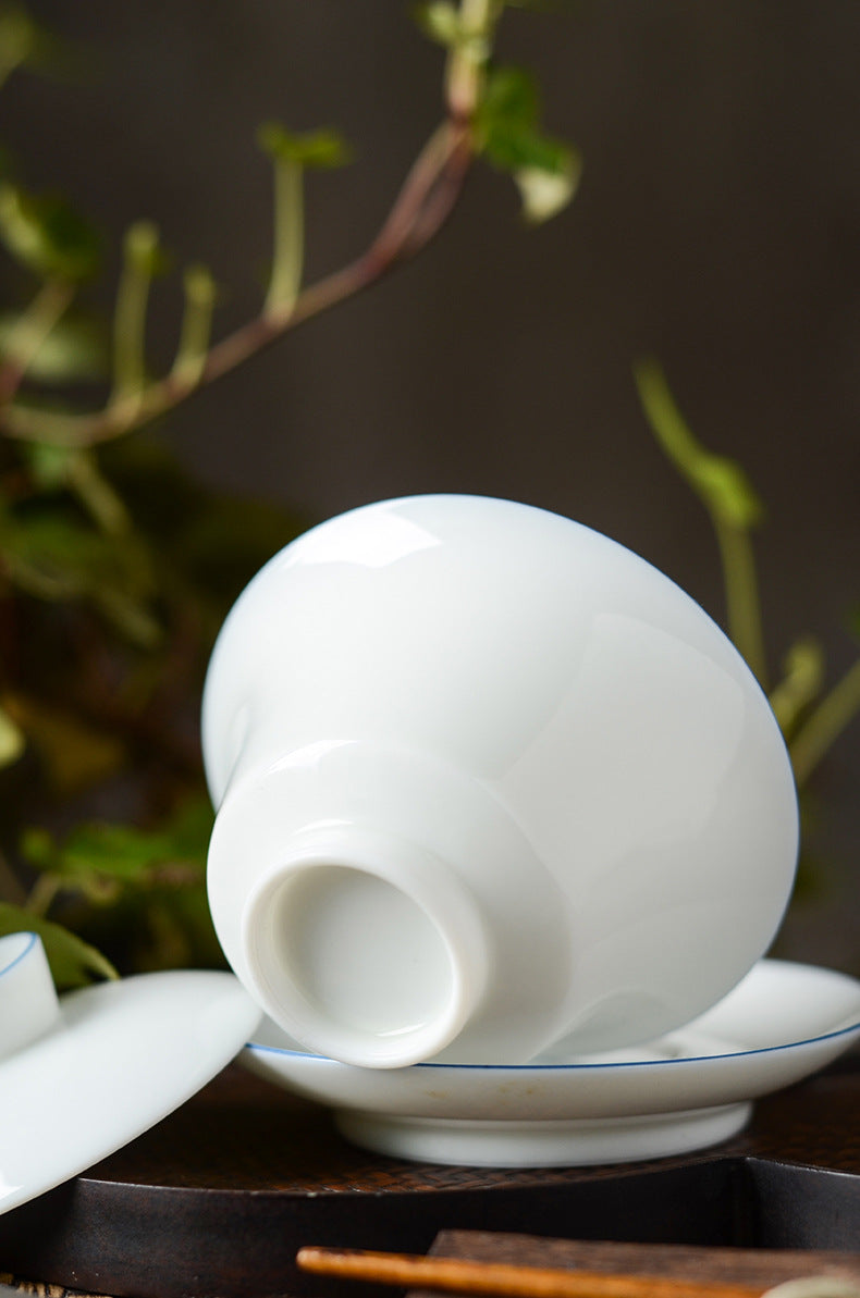 Gaiwan en céramique classique fait main Gohobi à bord bleu et blanc