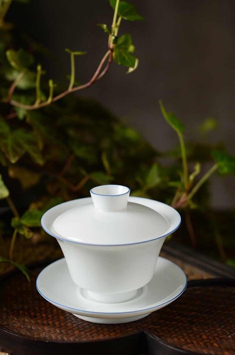 Gaiwan en céramique classique fait main Gohobi à bord bleu et blanc