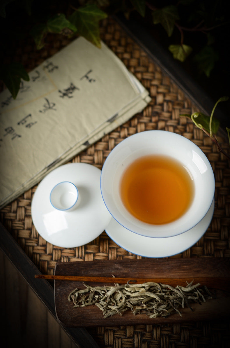 Gaiwan en céramique classique fait main Gohobi à bord bleu et blanc