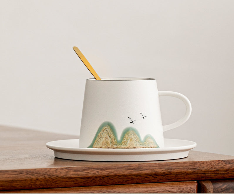 Ensemble tasse à café et soucoupe en grès fait main à motif artistique chinois Gohobi