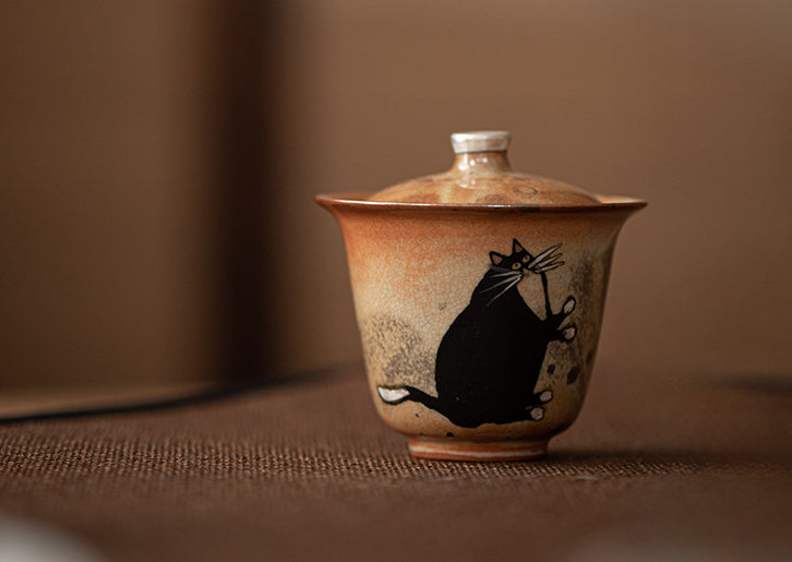 Gaiwan chat peint à la main à l'encre noire fait main Gohobi 010