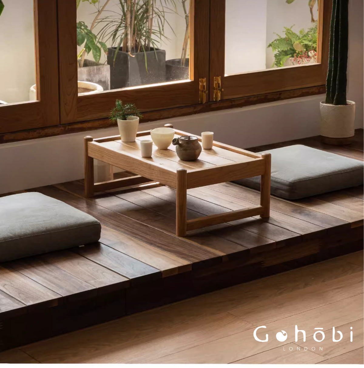 Gohobi Handmade Solid Wood Tatami Floor Platform – Japanese Style Red Oak & Black Walnut Bay Window Seating | FSC Certified Furniture