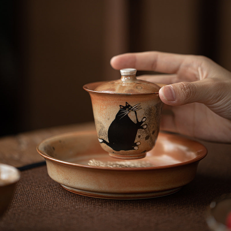 Gaiwan chat peint à la main à l'encre noire fait main Gohobi 010