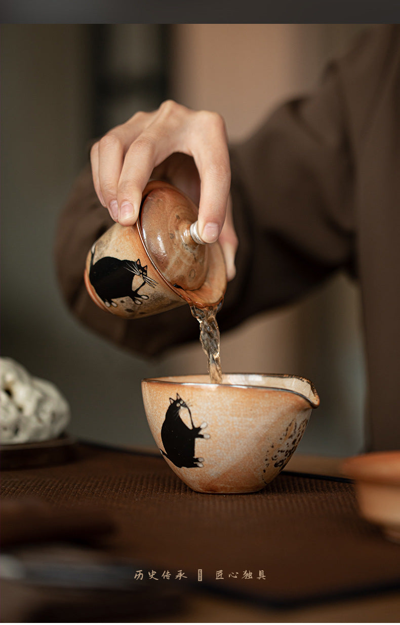 Gaiwan chat peint à la main à l'encre noire fait main Gohobi 010
