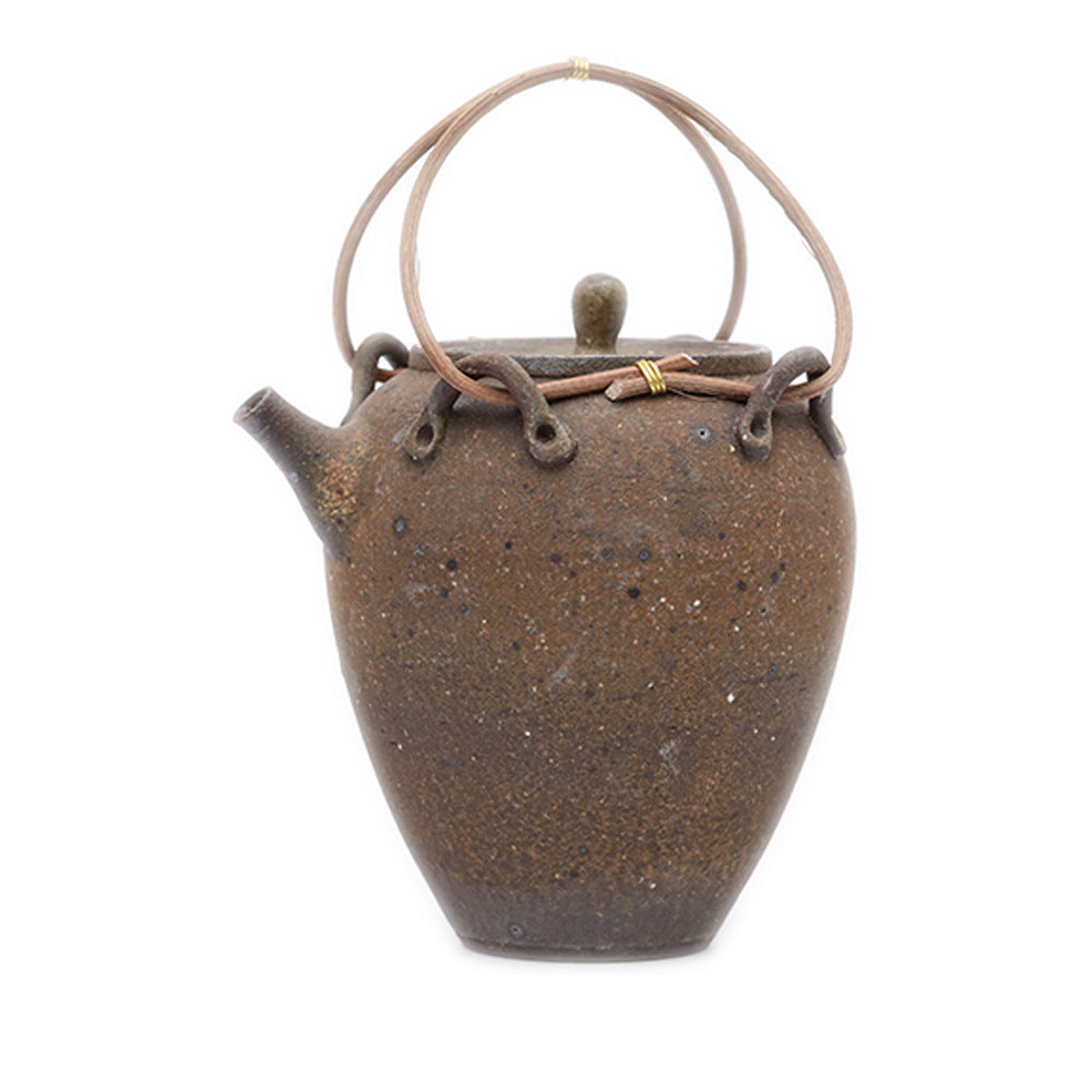 Gohobi Heat-Resistant Old Rock Mud Boiling Teapot – Coarse Pottery Beam-Lifted Stove Kettle (560ml)