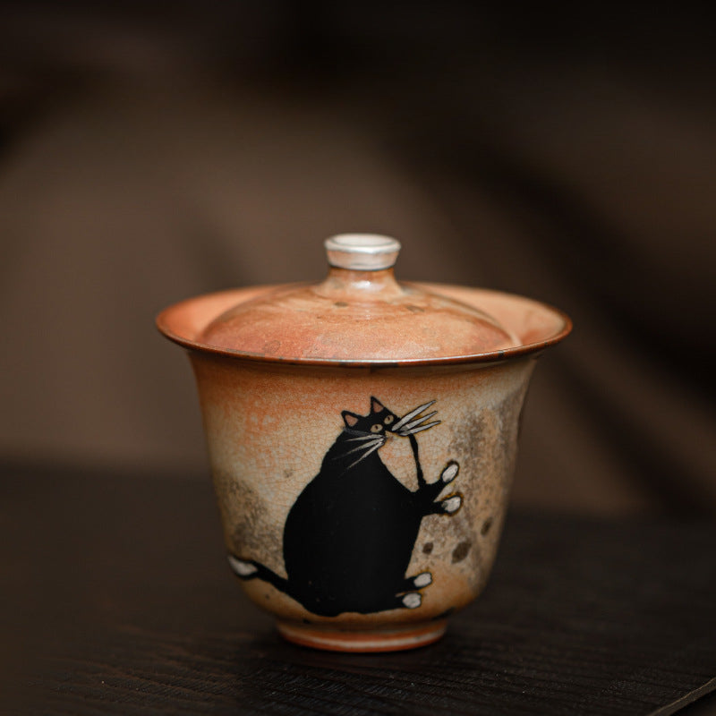 Gaiwan chat peint à la main à l'encre noire fait main Gohobi 010