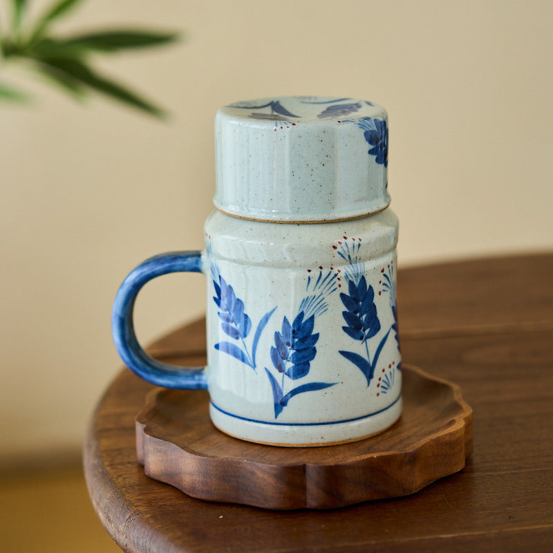 Gohobi Hand-Painted Blue and White Rabbit Mug with Lid Cup