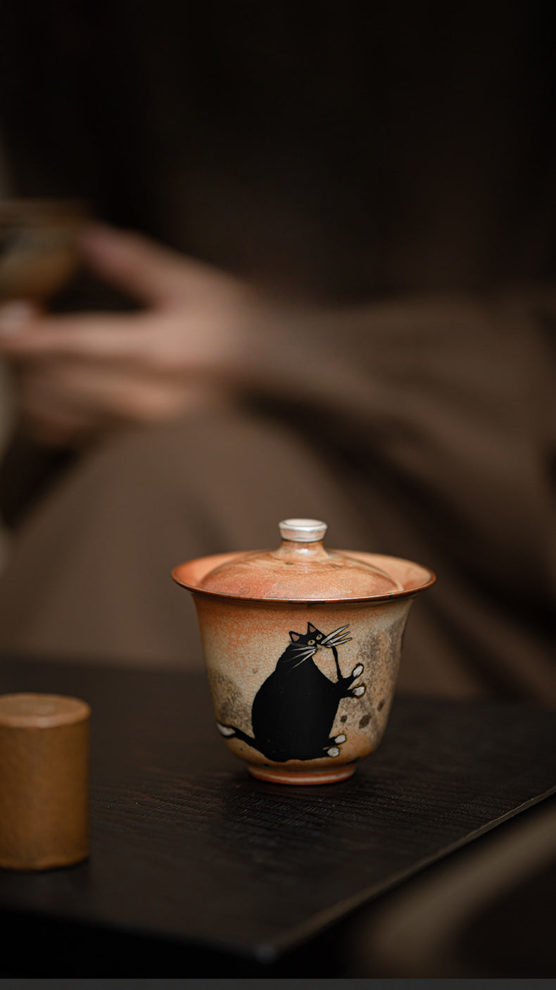 Gaiwan chat peint à la main à l'encre noire fait main Gohobi 010