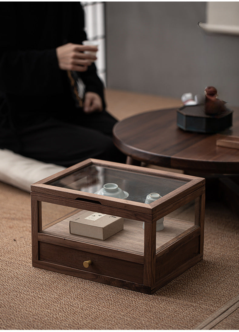 Armoire à thé en verre et bois de noyer Gohobi avec tiroir