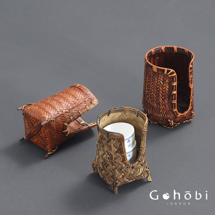 Gohobi Bamboo Woven Tea Cup Holder Basket – Zen Style Tea Cup Storage Tube & Chopstick Basket
