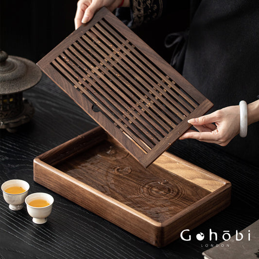 Gohobi Black Walnut Wood Tea Tray – Rectangular Solid Wood Gongfu Dry Brewing Tray