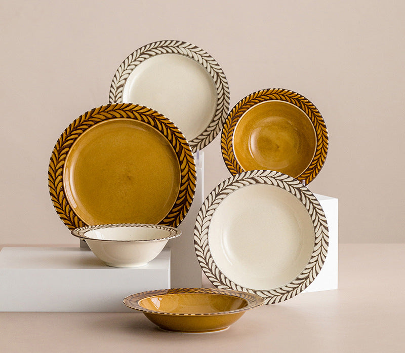 Assiette en céramique de romarin importée du Japon, assiette profonde rétro japonaise, vaisselle de table à manger française en gros, vaisselle ambrée