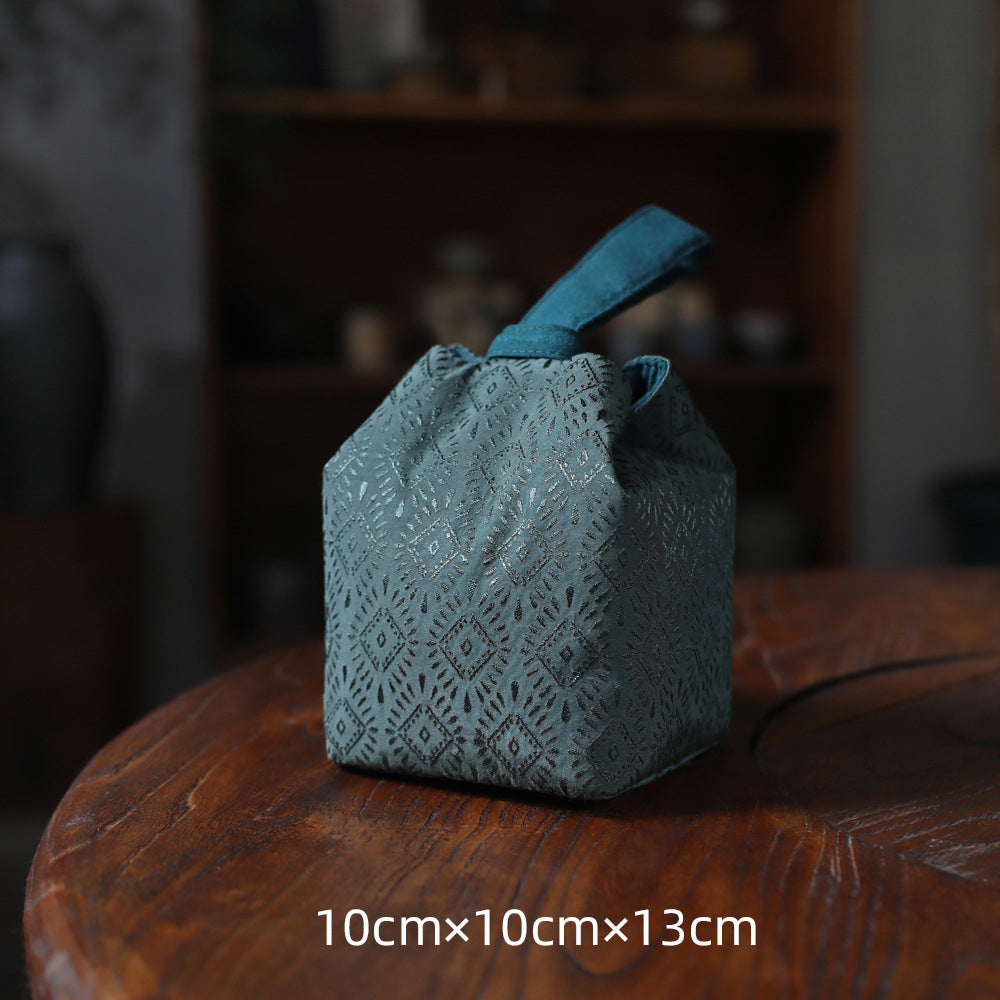 Gohobi Green Weaving Brocade Teaware Storage Travel Bag Shifuku