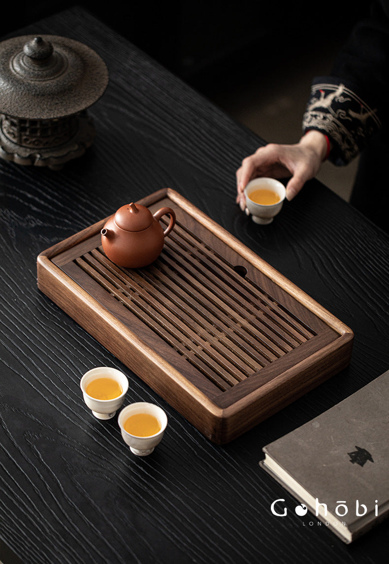 Gohobi Black Walnut Wood Tea Tray – Rectangular Solid Wood Gongfu Dry Brewing Tray