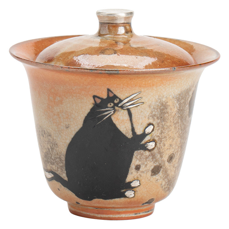 Gaiwan chat peint à la main à l'encre noire fait main Gohobi 010