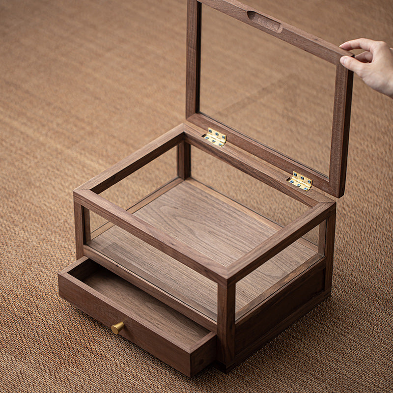 Armoire à thé en verre et bois de noyer Gohobi avec tiroir