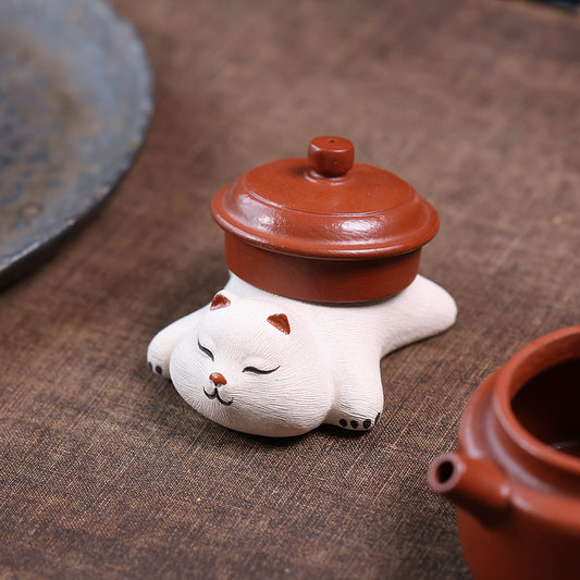 Gohobi Yixing Purple Clay Sleeping Cat Tea Pet – Handmade Lucky Cat Ornament