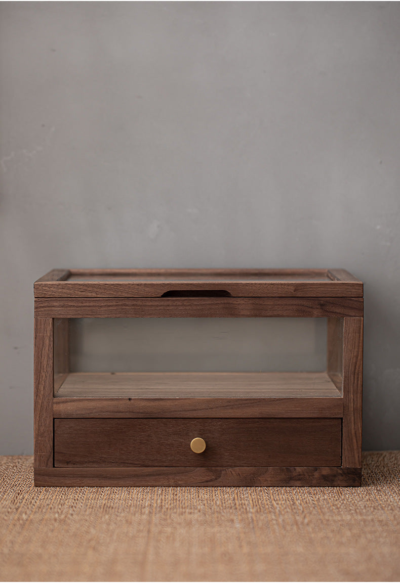 Armoire à thé en verre et bois de noyer Gohobi avec tiroir