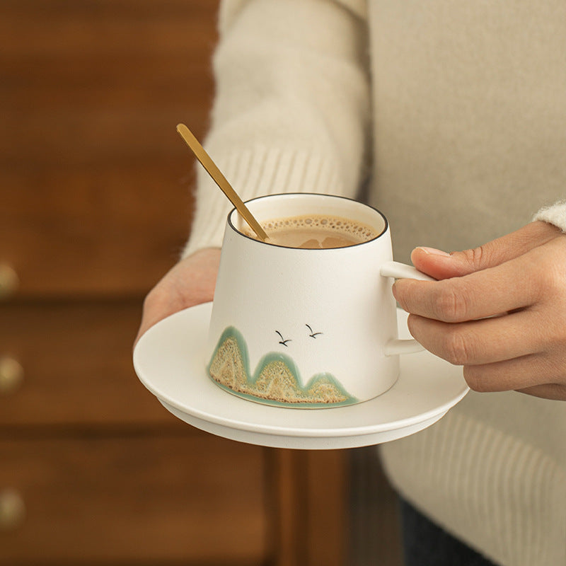 Ensemble tasse à café et soucoupe en grès fait main à motif artistique chinois Gohobi