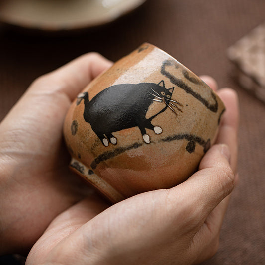 Gohobi Tasse à thé en forme de chat peinte à la main à l'encre noire faite à la main 003