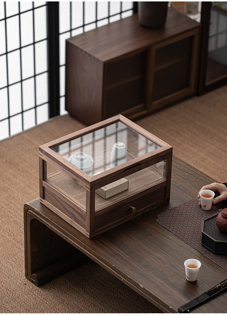 Armoire à thé en verre et bois de noyer Gohobi avec tiroir