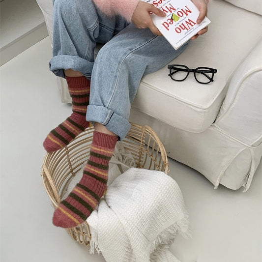 Chaussettes en fourrure de vison à blocs de couleurs de style coréen