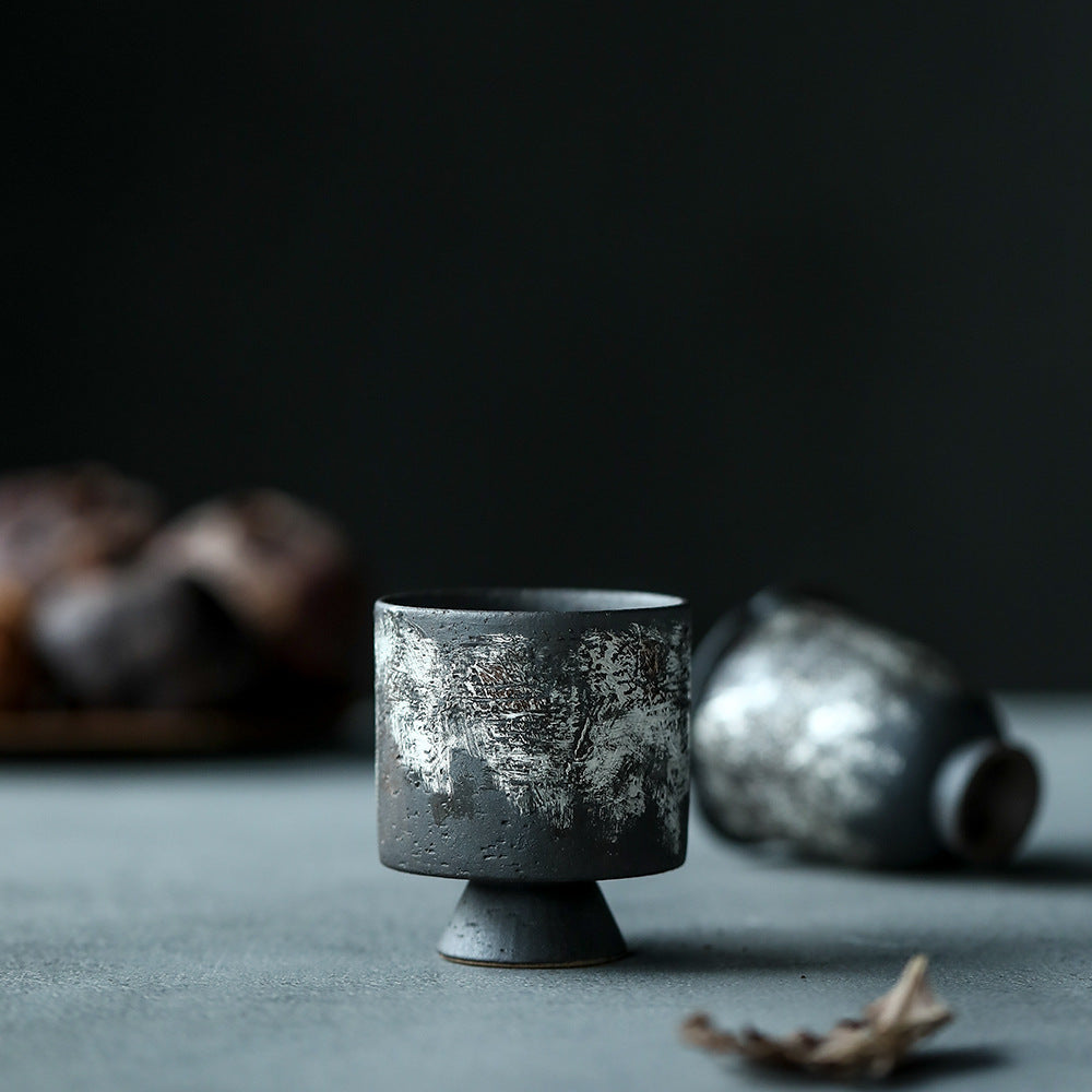 Gohobi Tasse à thé en céramique faite à la main avec finition argentée