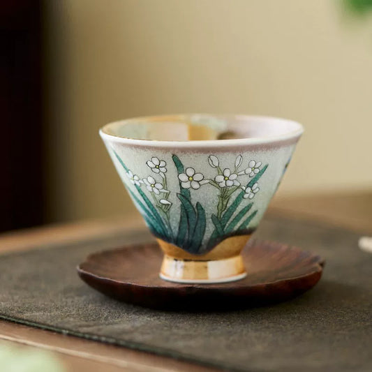 Gohobi Hand-Painted Daffodil Teacup Gift Set – Ceramic Hat Style Tea Cup with Gift Box