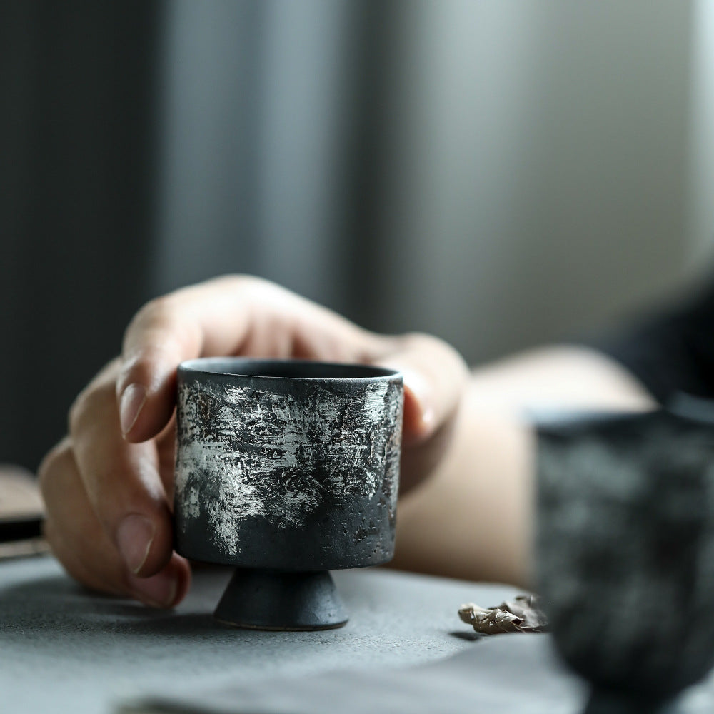 Gohobi Tasse à thé en céramique faite à la main avec finition argentée