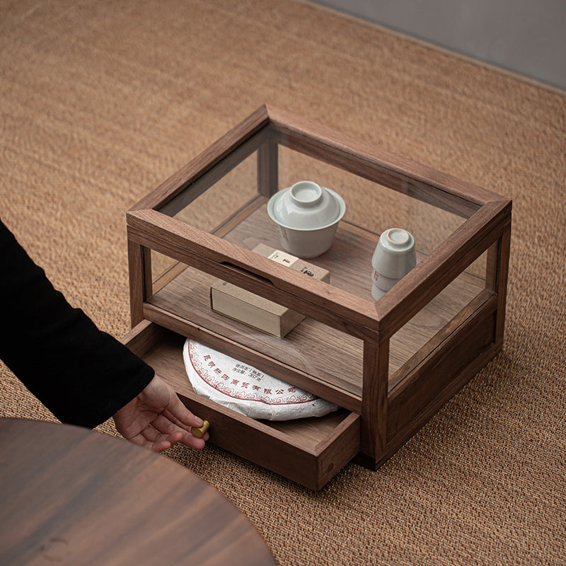 Armoire à thé en verre et bois de noyer Gohobi avec tiroir