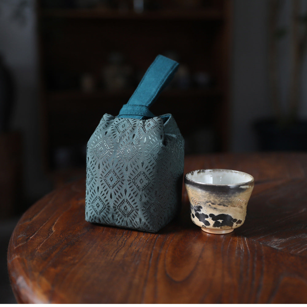 Gohobi Green Weaving Brocade Teaware Storage Travel Bag Shifuku