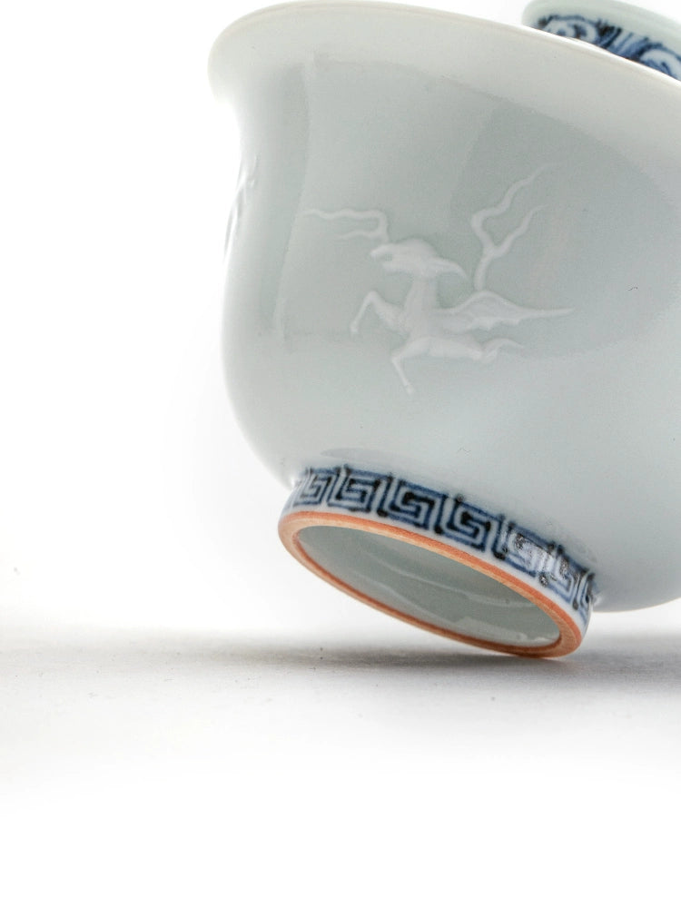 Blue and White Relief Carved Gaiwan – Sea Beast Motif, Handcrafted Porcelain Tea Bowl with Lid