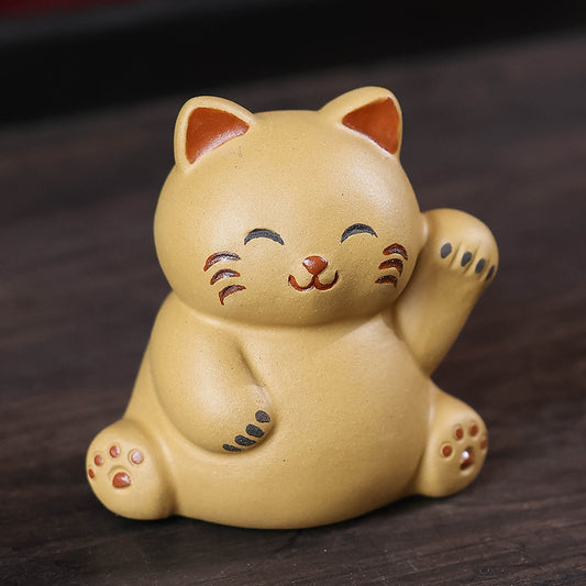 Gohobi Yixing Purple Clay Lucky Cat Tea Pet – Handmade Fortune Cat Tea Table Ornament