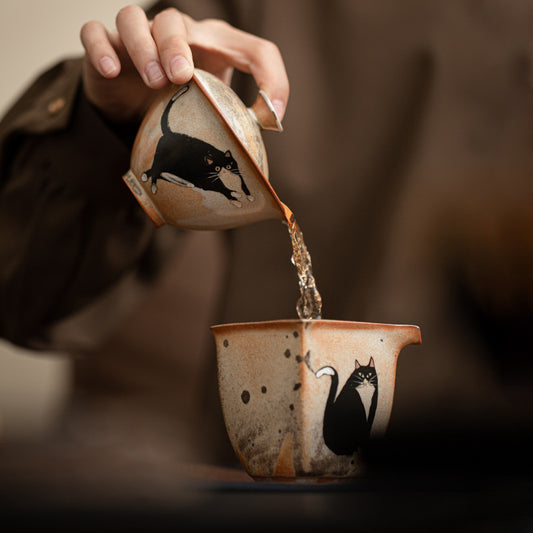 Gaiwan chat peint à la main à l'encre noire fait main Gohobi 001