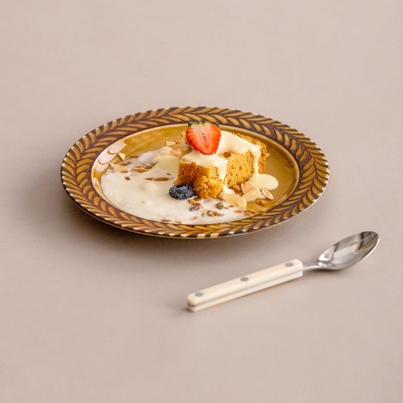 Assiette en céramique de romarin importée du Japon, assiette profonde rétro japonaise, vaisselle de table à manger française en gros, vaisselle ambrée