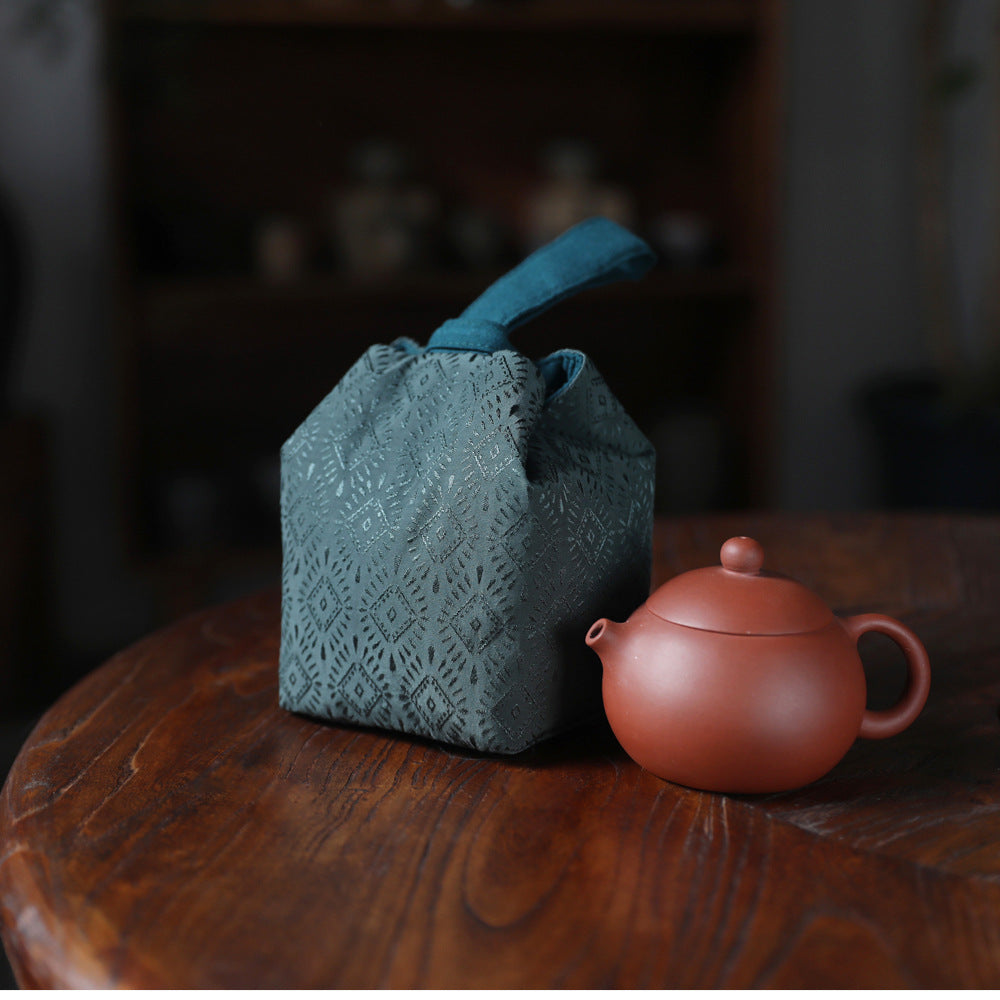 Gohobi Green Weaving Brocade Teaware Storage Travel Bag Shifuku