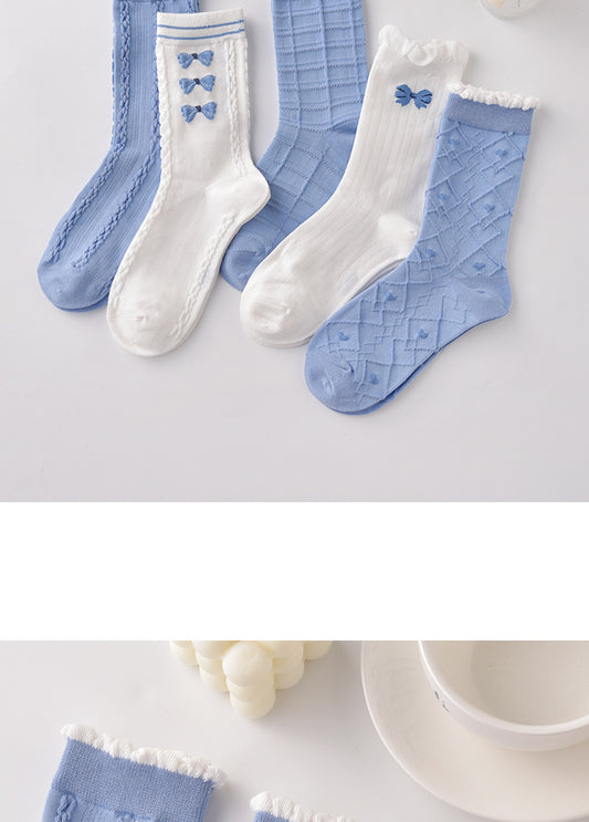 Chaussettes mi-mollet bleues SweetBloom - Style japonais JK avec jolie bordure florale
