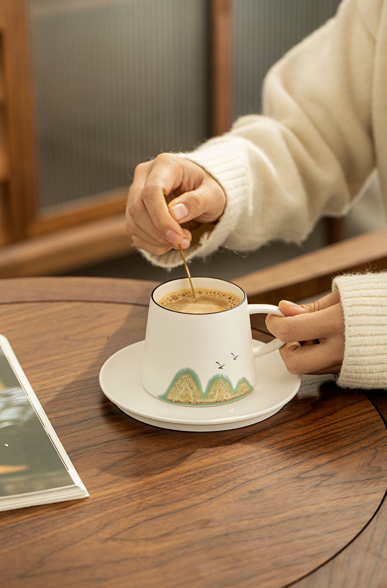 Ensemble tasse à café et soucoupe en grès fait main à motif artistique chinois Gohobi