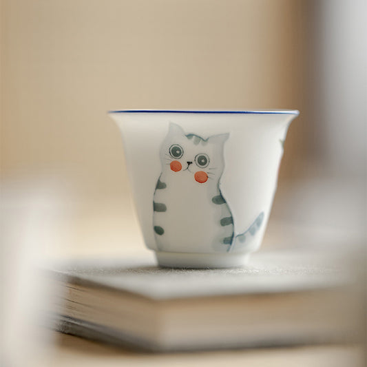 Gohobi Hand-Painted Cat & Peach Teacup