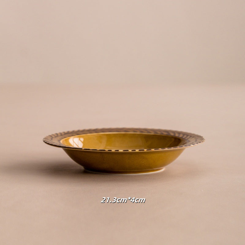 Assiette en céramique de romarin importée du Japon, assiette profonde rétro japonaise, vaisselle de table à manger française en gros, vaisselle ambrée