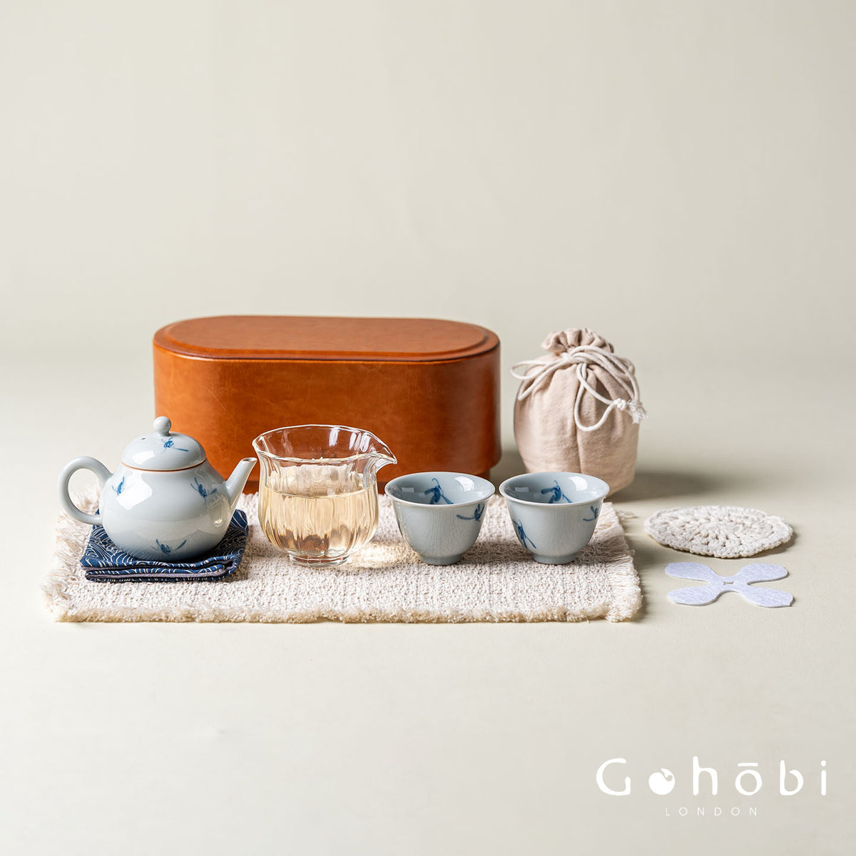 Gohobi Hand-Painted Orchid Travel Tea Set – Portable Gongfu Teapot Gift Set with Leather Case