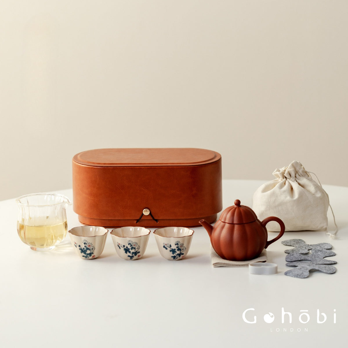 Gohobi Zhu Ni Yixing Purple Sand Travel Tea Set – Portable Gongfu Tea Set with Leather Case