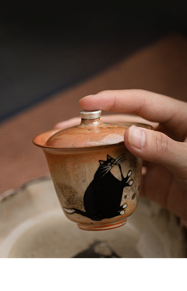 Gaiwan chat peint à la main à l'encre noire fait main Gohobi 010
