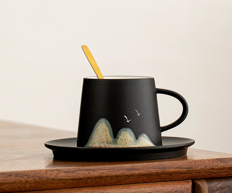 Ensemble tasse à café et soucoupe en grès fait main à motif artistique chinois Gohobi