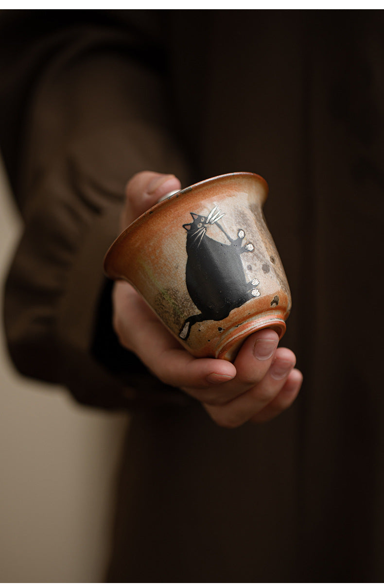 Gaiwan chat peint à la main à l'encre noire fait main Gohobi 010