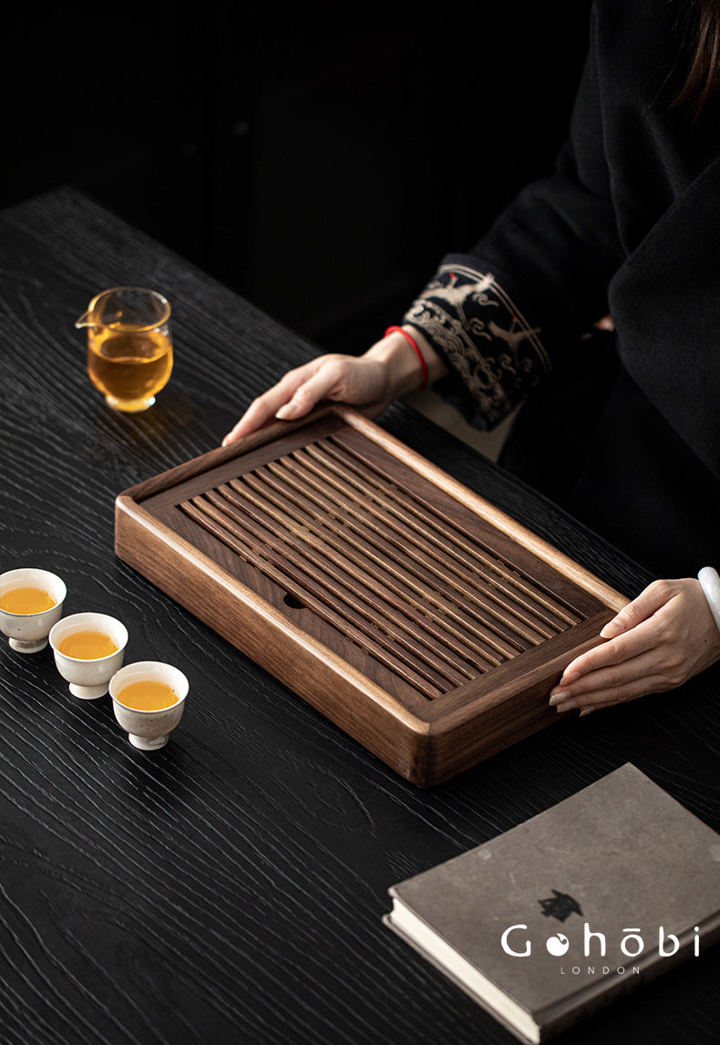 Gohobi Black Walnut Wood Tea Tray – Rectangular Solid Wood Gongfu Dry Brewing Tray