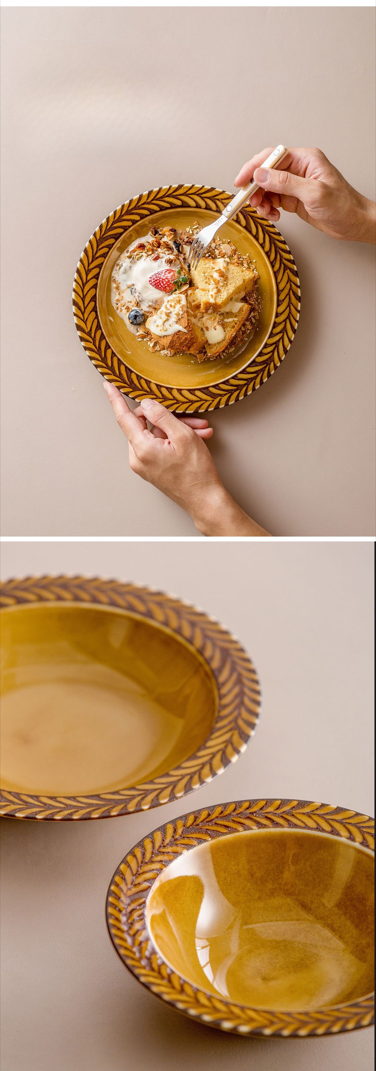 Assiette en céramique de romarin importée du Japon, assiette profonde rétro japonaise, vaisselle de table à manger française en gros, vaisselle ambrée